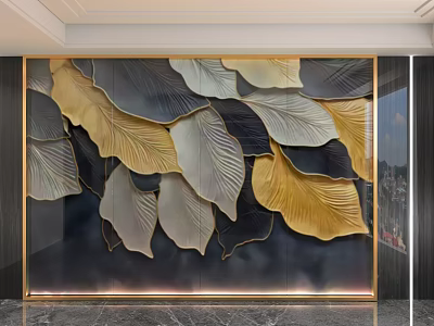 Elegant Modern Background Wall With Gold Gray Black Leaf Shaped Decorations And Metal Frame 3d model