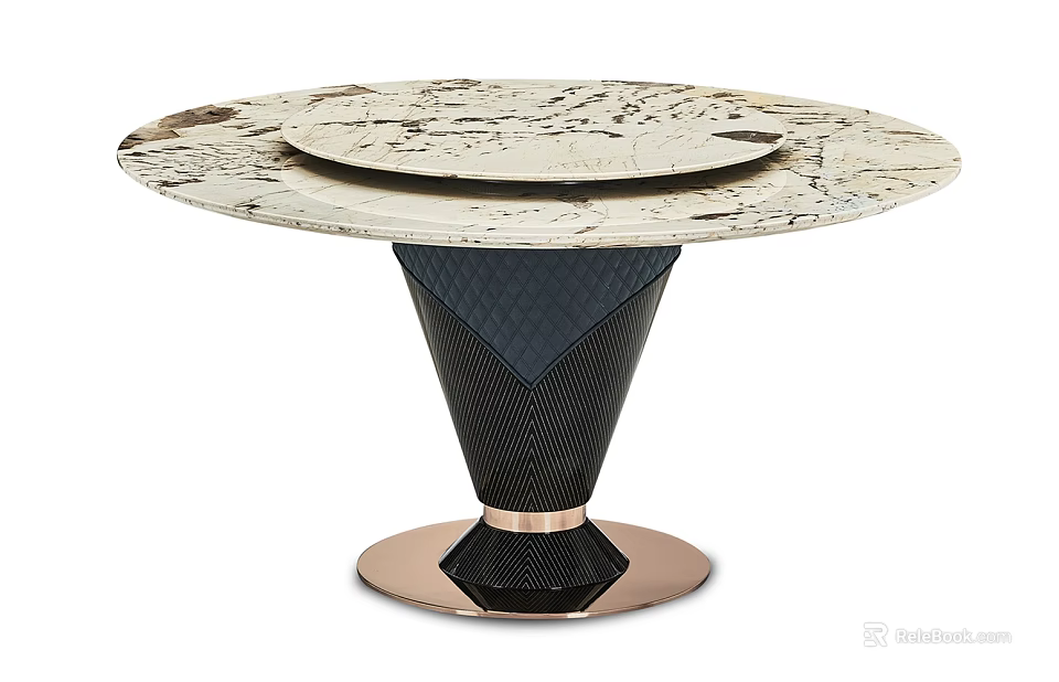 Round Marble Tabletop Dining Table With Black Diamond-Patterned Base And Rose Gold Trim 3d model 