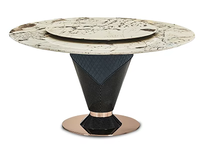 Round Marble Tabletop Dining Table With Black Diamond-Patterned Base And Rose Gold Trim 3d model