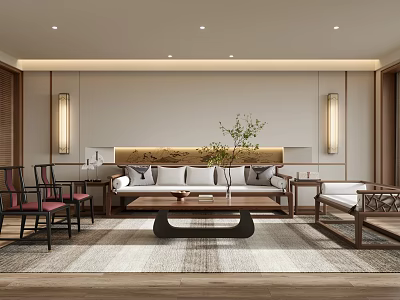 Traditional Chinese Living Room Interior With Sofa Coffee Table Rug Wall Lamps And Decorative Painting 3d model