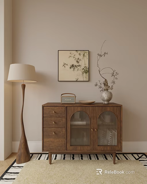 Wooden Decorative Cabinet With Drawers Glass Doors Decorations Beside Floor Lamp And Bamboo Wall Painting 3d model 