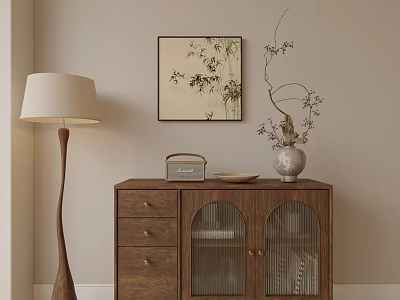 Wooden Decorative Cabinet With Drawers Glass Doors Decorations Beside Floor Lamp And Bamboo Wall Painting 3d model