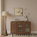 Wooden Decorative Cabinet With Drawers Glass Doors Decorations Beside Floor Lamp And Bamboo Wall Painting