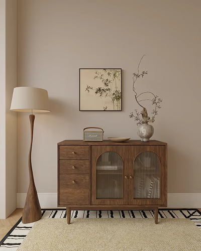 Wooden Decorative Cabinet With Drawers Glass Doors Decorations Beside Floor Lamp And Bamboo Wall Painting 3d model
