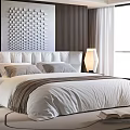 Modern Bedroom Interior With Upholstered Bed Wooden Accent Wall And Large Window View