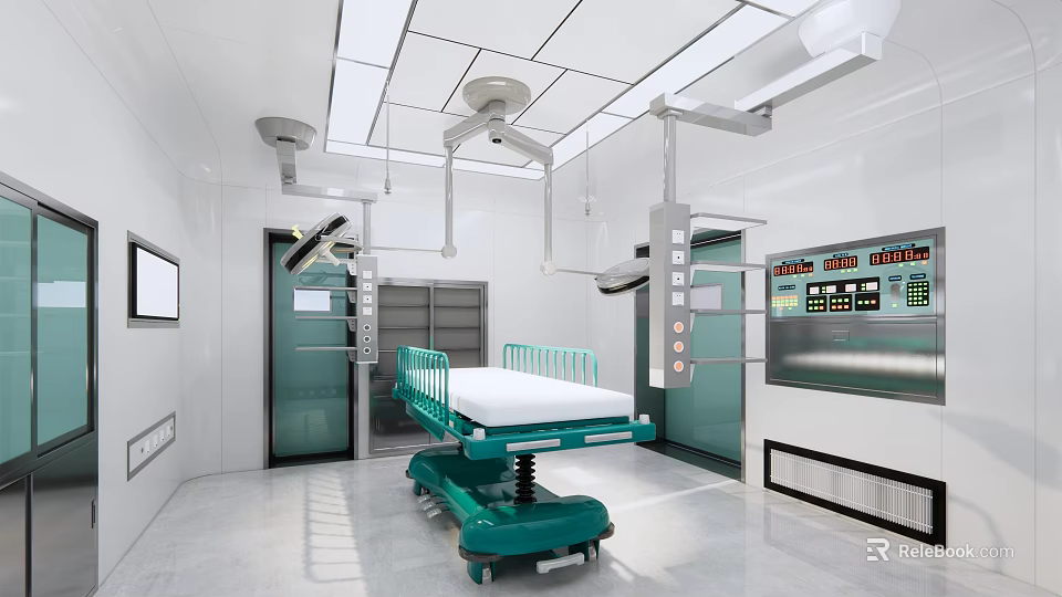 Modern Operating Room Interior With Green Surgical Bed Surgical Lights And Control Panel 3d model 