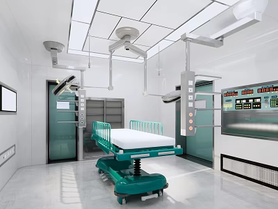 Modern Operating Room Interior With Green Surgical Bed Surgical Lights And Control Panel 3d model