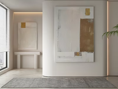 Abstract Painting With White And Gold Textures In Modern Minimalist Interior Space 3d model