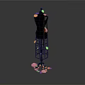 Black Mannequin Decorated With Pink Petals Standing In Dark Background