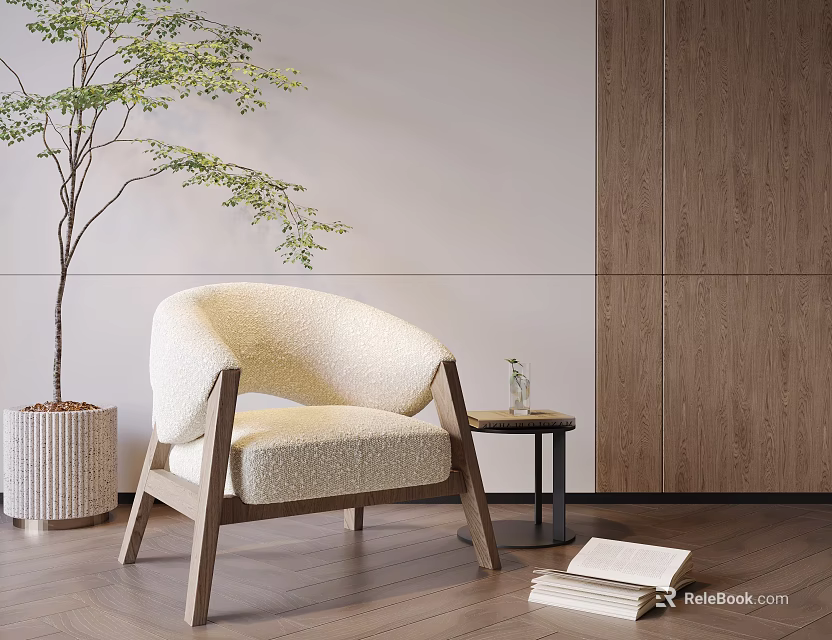Cozy Leisure Chair With Beige Fabric Wooden Frame Small Round Table And Green Plant 3d model 