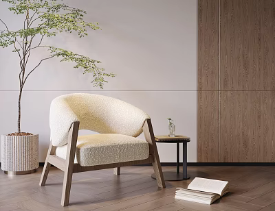 Cozy Leisure Chair With Beige Fabric Wooden Frame Small Round Table And Green Plant 3d model
