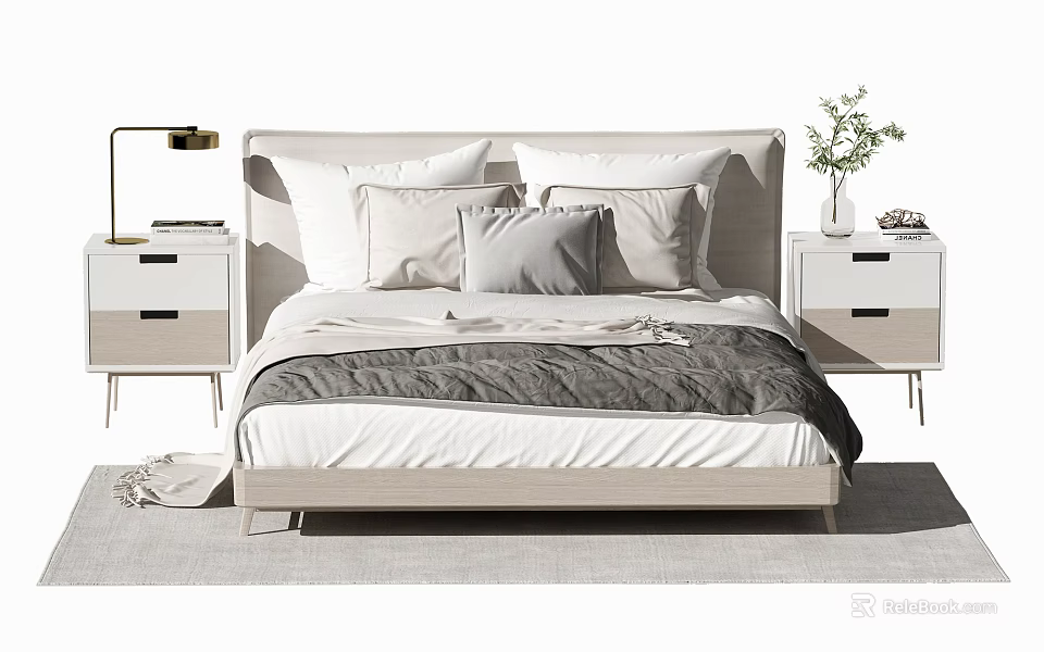 Modern Double Bed with Light Headboard Plush Pillows Gray Blanket and Nightstands with Lamp Vase 3d model 