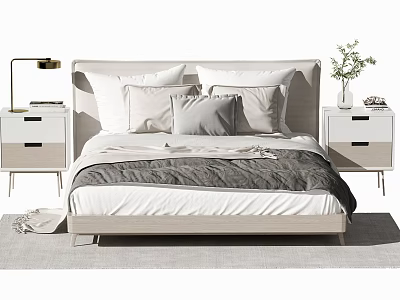 Modern Double Bed with Light Headboard Plush Pillows Gray Blanket and Nightstands with Lamp Vase 3d model