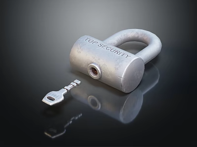 Security Door Handle With Top Security Lock And Key On Dark Reflective Surface 3d model