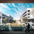Modern School Building With Glass Facade Traditional Roof And Open Plaza For People Gathering