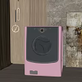 Modern Pink Washing Machine Interior With Stylish Wall Art And Green Plant