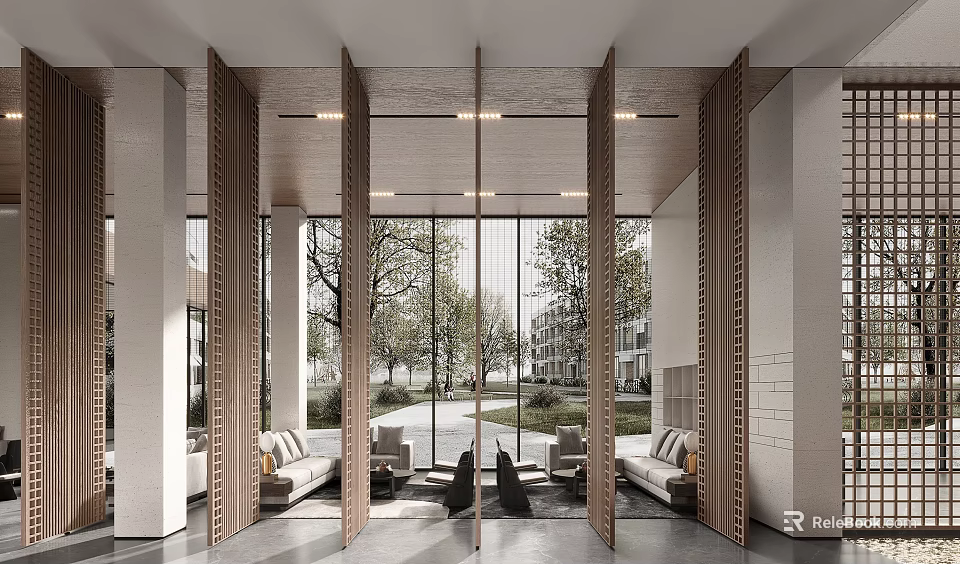 Modern Sales Office Lobby with Glass Curtain Wall Wooden Grilles Sofas and Outdoor Greenery 3d model 