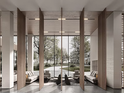 Modern Sales Office Lobby with Glass Curtain Wall Wooden Grilles Sofas and Outdoor Greenery 3d model
