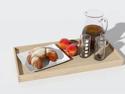 Delicious Croissant And Juicy Peaches On White Plate With Wooden Tray Glass Pitcher And Cups 3d model