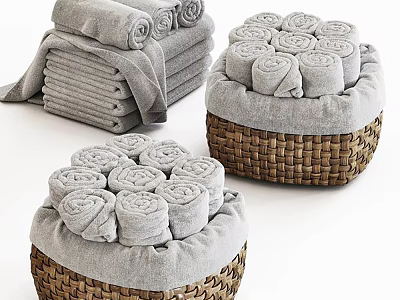 Soft Gray Towels Rolled in Woven Baskets for Bathroom Storage and Decor 3d model