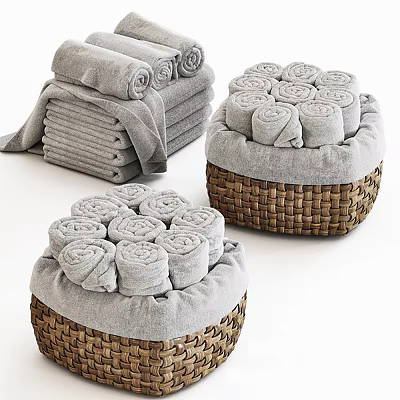 Soft Gray Towels Rolled in Woven Baskets for Bathroom Storage and Decor 3d model