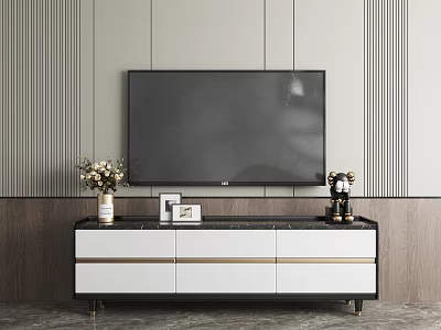 Modern TV Stand With White Black Design Gold Accents And Decorative Items 3d model