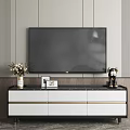 Modern TV Stand With White Black Design Gold Accents And Decorative Items