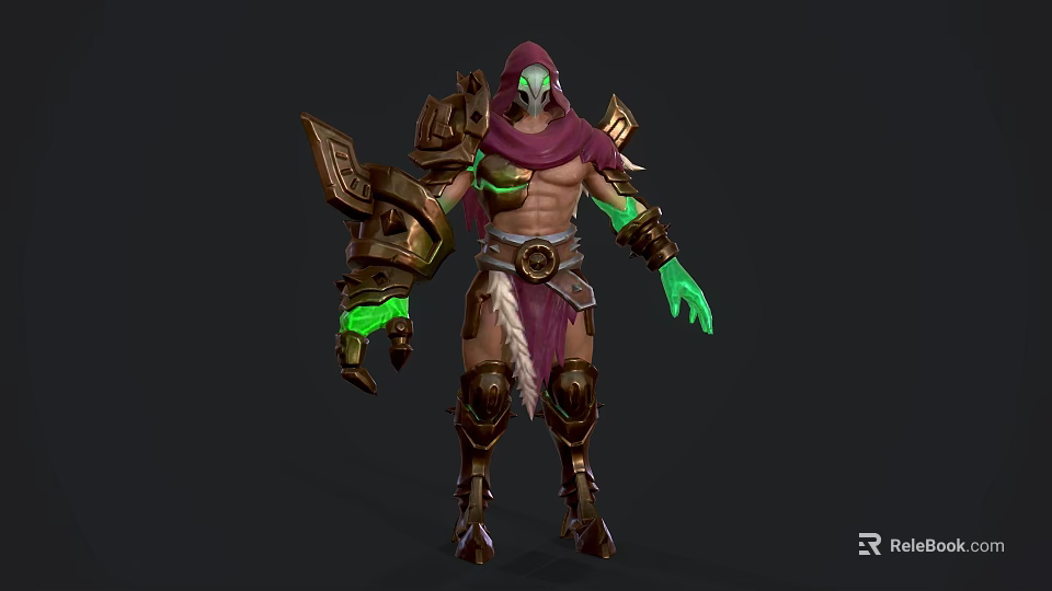 Hooded Fantasy Character Creature With Glowing Green Hands Mechanical Armor And Leather Elements 3d model 