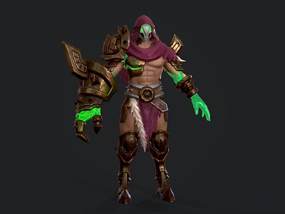 Hooded Fantasy Character Creature With Glowing Green Hands Mechanical Armor And Leather Elements 3d model