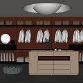 Stylish Walk-in Closet Interior Featuring White Shirts Brown Walls Mirror And White Countertop