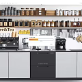 Cafe Bar Interior With Coffee Machines Coffee Tea Cups And Bean Jars On Shelves
