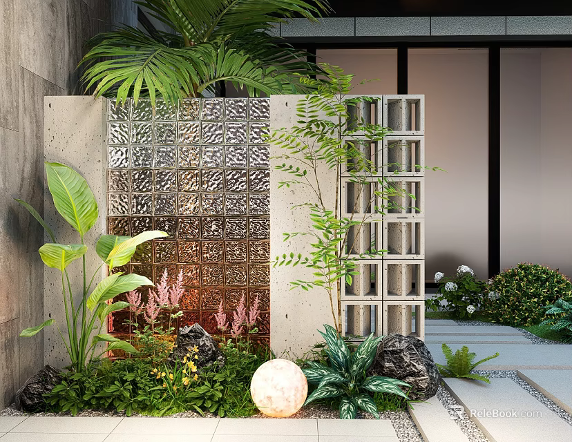 Intricate Decorative Feature Wall In Garden Landscape With Carved Patterns And Surrounding Green Plants 3d model 