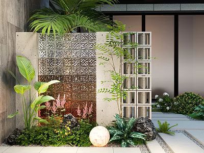 Intricate Decorative Feature Wall In Garden Landscape With Carved Patterns And Surrounding Green Plants 3d model