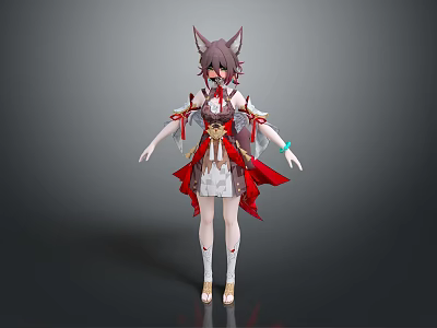 Anime Game Character With Fox Ears Traditional Red White Costume Gold Accents And Flowing Ribbons 3d model