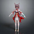 Anime Game Character With Fox Ears Traditional Red White Costume Gold Accents And Flowing Ribbons