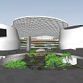 Modern Commercial Complex With Unique Curved Roof Structure Open Plaza Greenery And Water Feature
