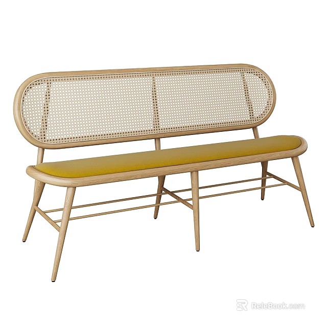 Two Seater Sofa with Wooden Frame Wicker Backrest and Yellow Cushion for Modern Living Room 3d model 