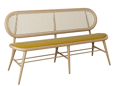 Two Seater Sofa with Wooden Frame Wicker Backrest and Yellow Cushion for Modern Living Room 3d model