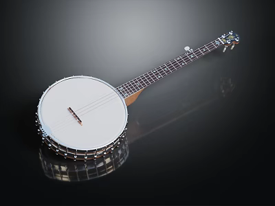 Acoustic Banjo String Musical Instrument With Wooden Neck White Resonator And Metal Parts 3d model