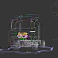 Truck Shaped Art Installation With Blue Line Outline And Neon Light Effect On Platform Base