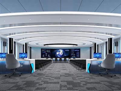 Modern Control Room with Multiple Monitoring Screens Control Desks Ergonomic Chairs and Modern Lighting Layout 3d model