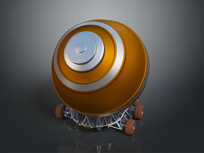 Orange And Silver Spherical Device With Metal Stand And Wheels Structure 3d model