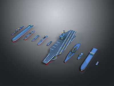 Scale Model Ships Collection With Aircraft Carrier And Small Boats Blue Hull Design 3d model