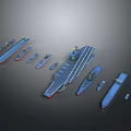 Scale Model Ships Collection With Aircraft Carrier And Small Boats Blue Hull Design