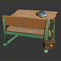 Wooden School Desk With Green Metal Legs Matching Bench Blue Book And Brown Satchel