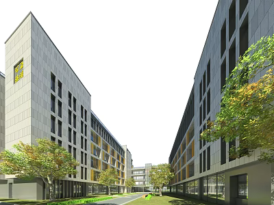 Modern Style School Buildings With Gray Exterior Path And Trees On Both Sides 3d model