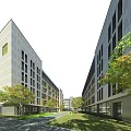 Modern Style School Buildings With Gray Exterior Path And Trees On Both Sides