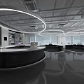 Modern Public Office Space With Circular Desks Large Windows And Ceiling Lights 3d model