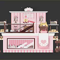Adorable pink dessert shop with counter display shelves bear doll and desserts