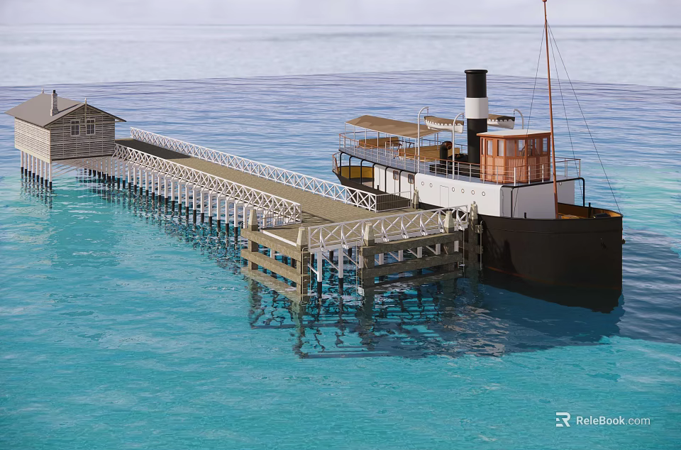 Vintage Wooden Steamship Docked at Pier with Cabin Over Blue Water 3d model 